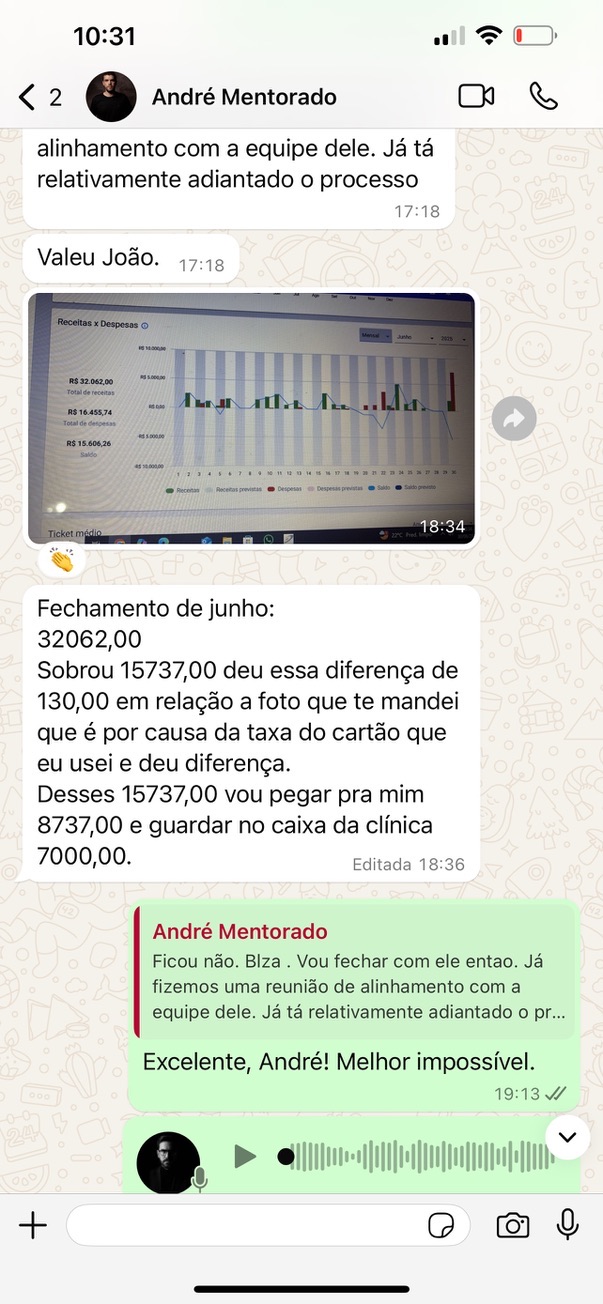 Mensagem de mentorado com o fechamento de junho e o que sobrou no caixa