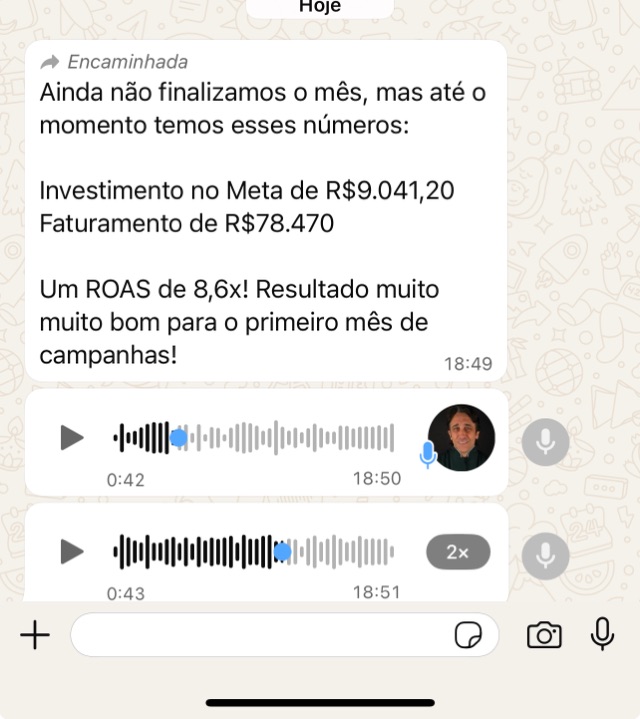 Mensagem: faturamento de R$ 78.470 com ROAS de 8,6x no primeiro mês de campanhas