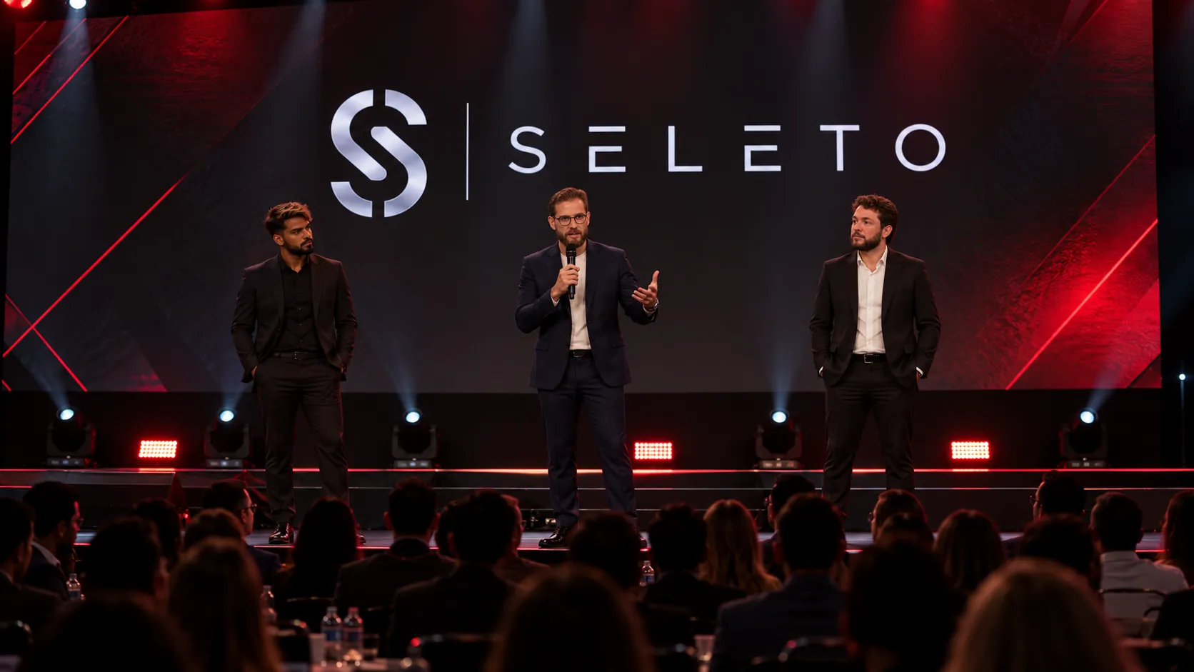 Luiz, João e Lucas no palco de um evento da Seleto